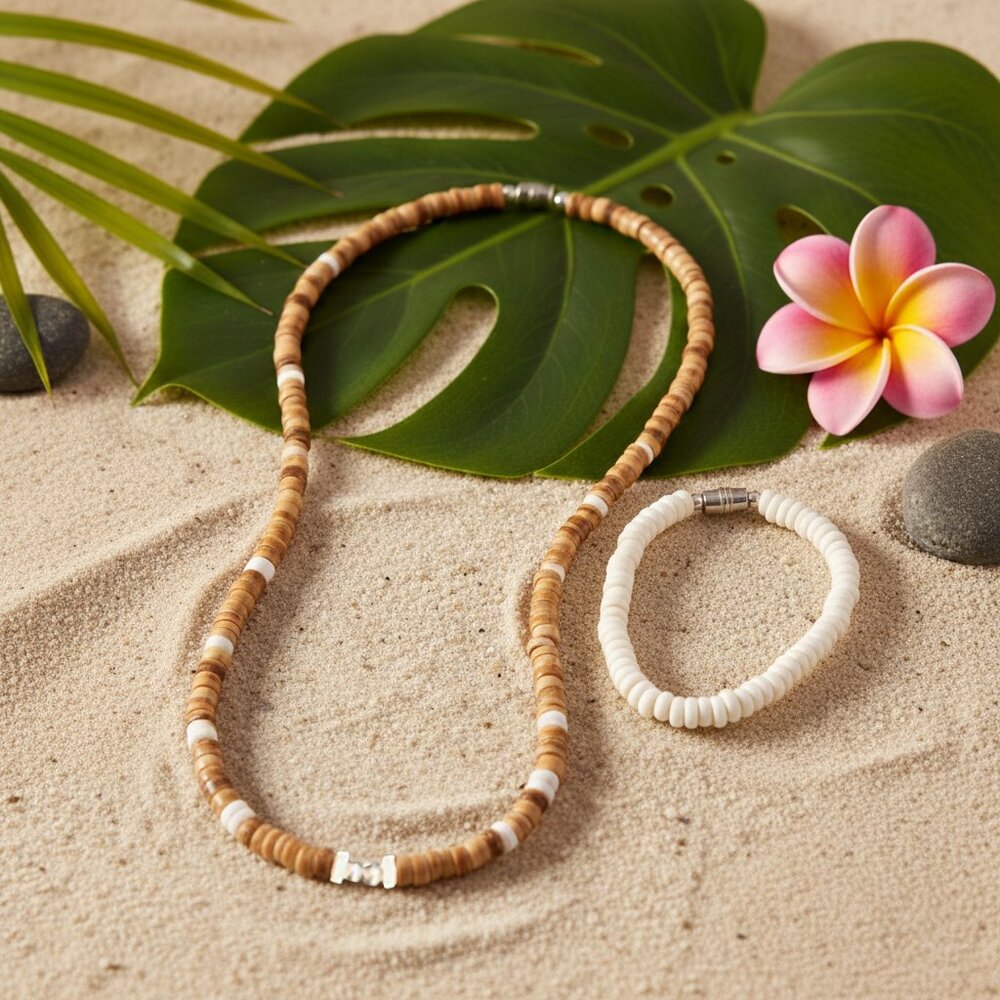 Puka Shell Beaded Necklace and White Hawaiian Surfer Seashells Boho Authentic